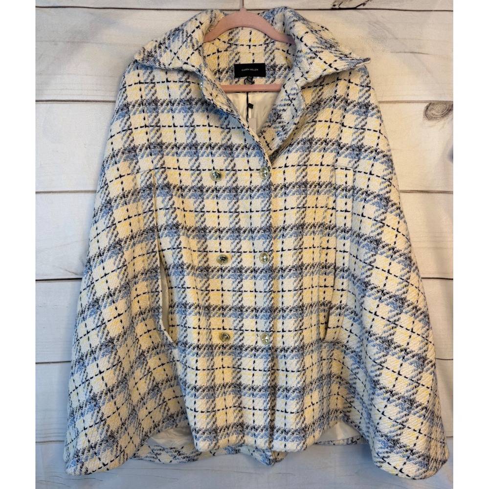 Karen Millen Check Military Button Cape Ivory Blue Plaid Tweed BKK00978 US 6 NEW